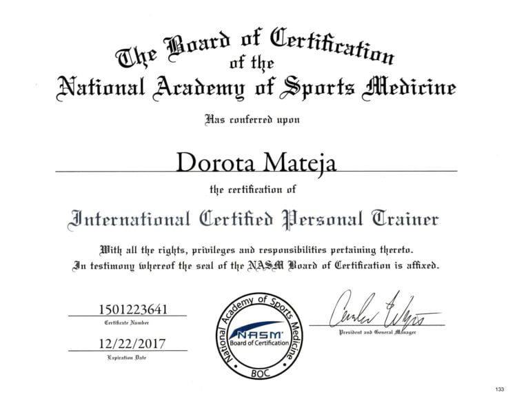 Certyfikat Międzynarodowego Trenera Personalnego, NASM, 2017